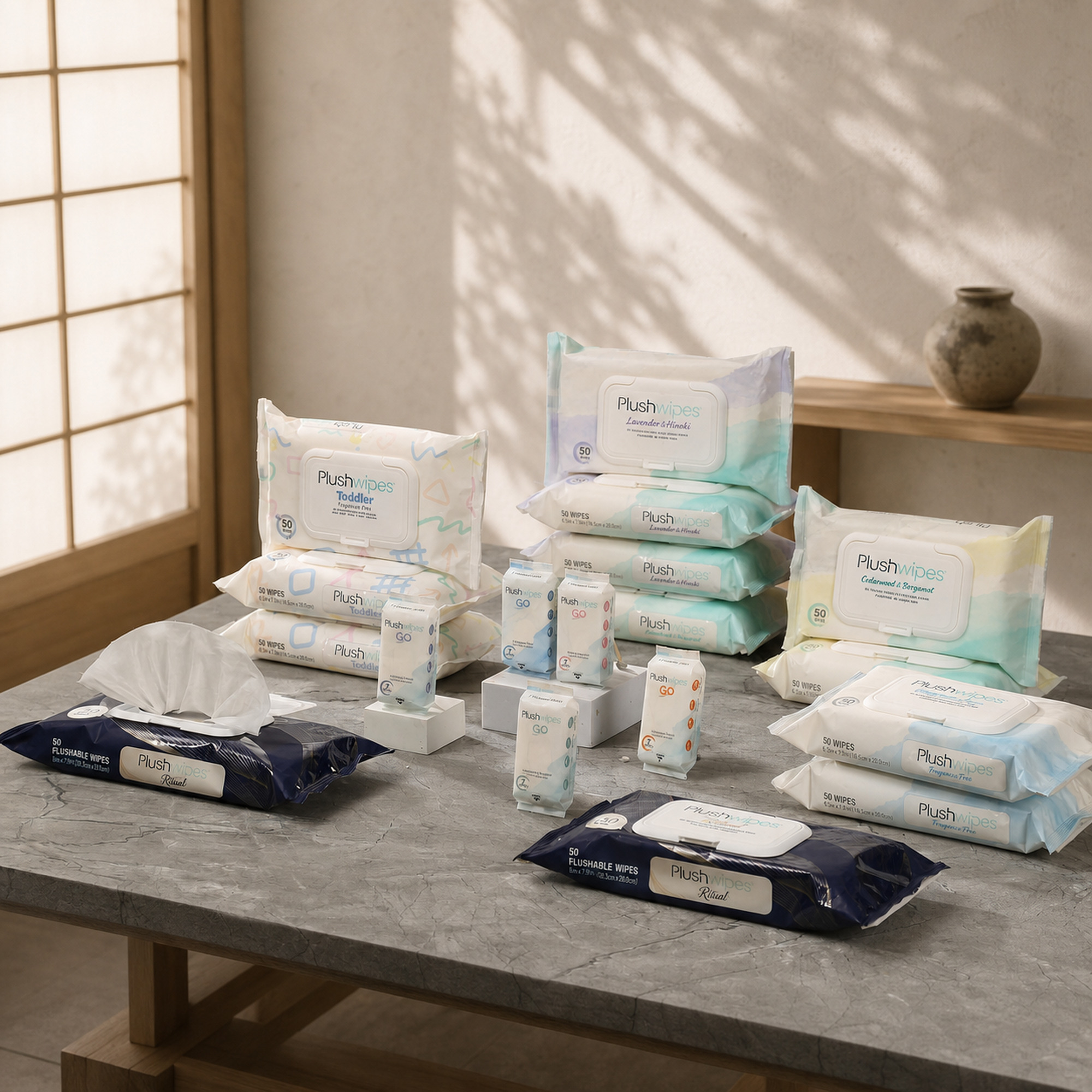 Plushwipes product collection on a sunlit table